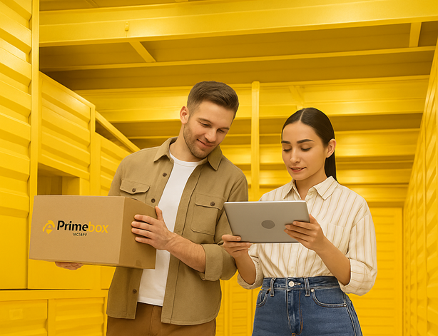 Self storage in Dubai by Primebox – secure storage units with boxes, lockers, and Burj Khalifa skyline.