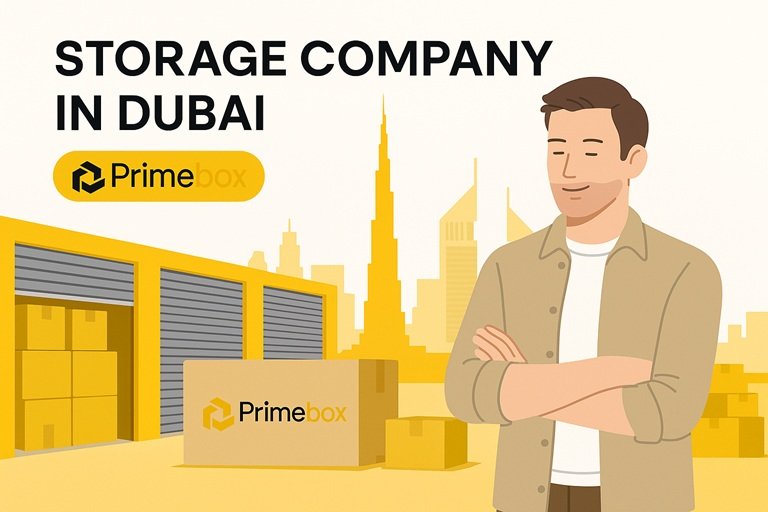 Storage company in Dubai – Primebox modern storage facility with lockers, boxes, and Dubai skyline.