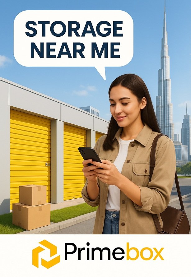 Storage near me in Dubai – Primebox secure storage units with map pins for Al Quoz, Marina, Downtown, and JVC.